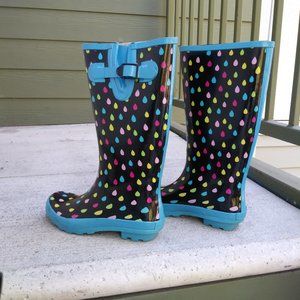 Ladies SERRA Rain Boots, 7, Black/polka dots.